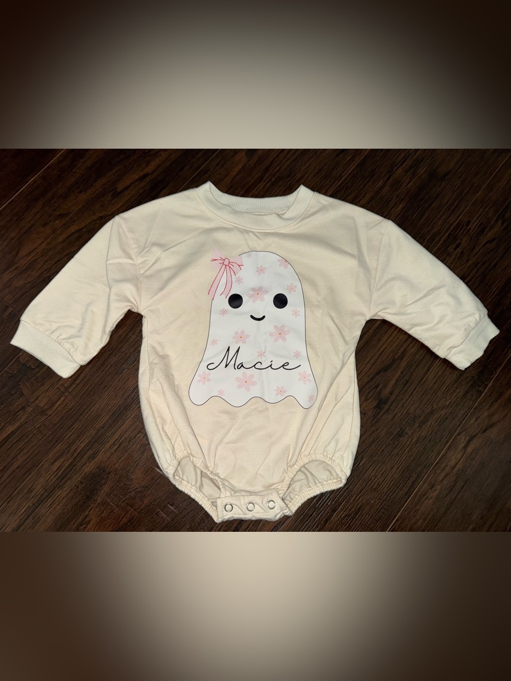 Cream Baby Bodysuit with Pink Floral Ghost Graphic “Macie”